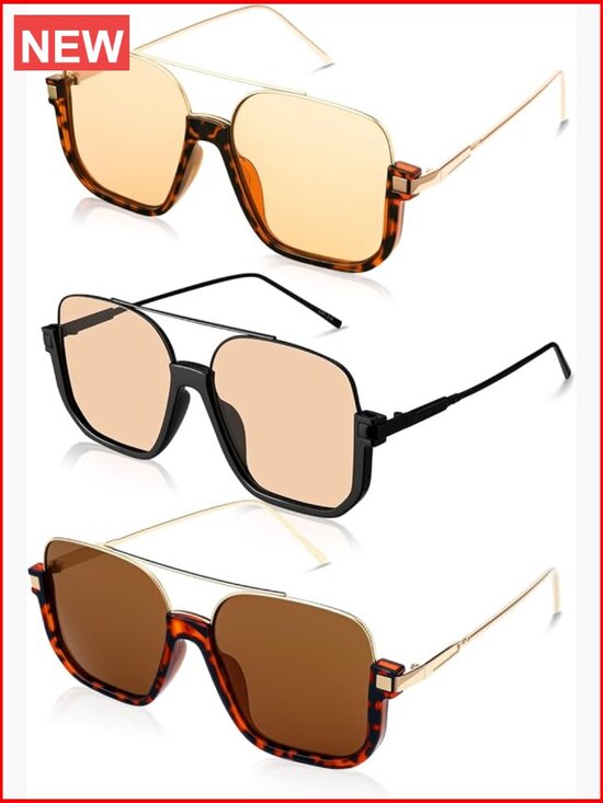 3 Pcs Retro Oversized Aviator Sunglasses Semi Rimless UV Protection main image 7